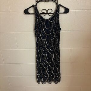 Dark blue Prelude minidress with silver beading and sequins